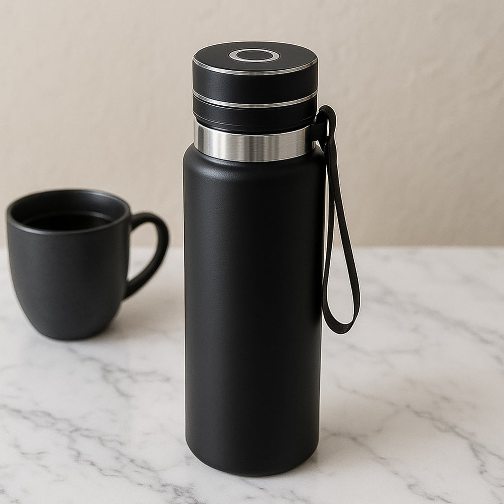 Sleek design of the 800ml stainless steel water bottle, ready for daily use.