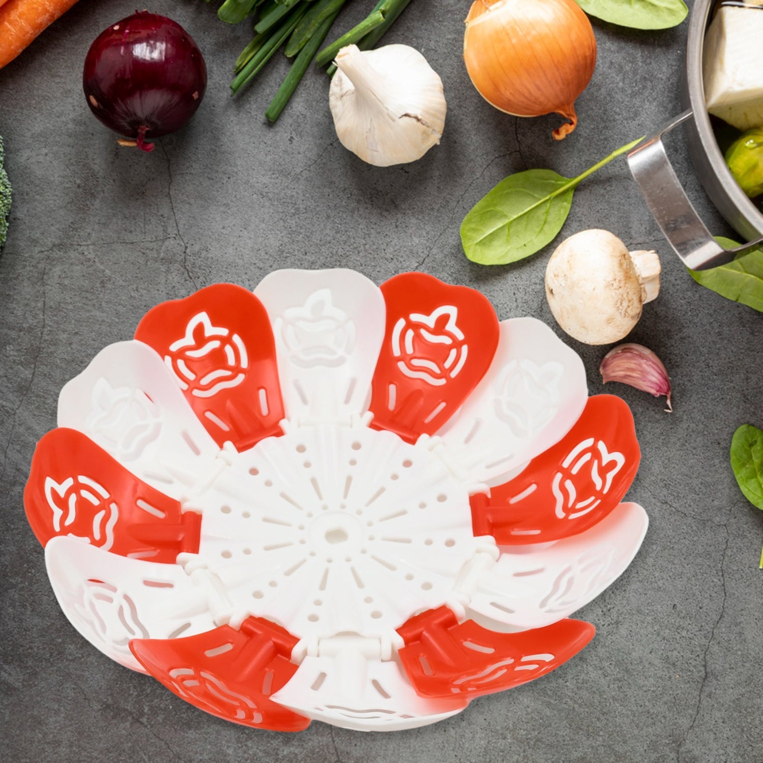 Side view of the space-saving folding fruit basket, showcasing its versatile design.