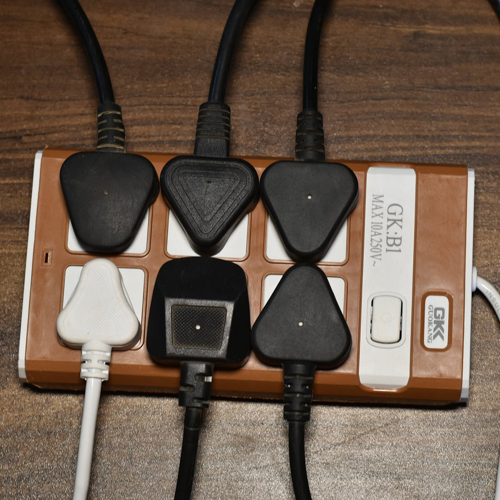 Close-up view of the universal sockets on the extension board.
