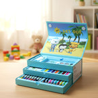 Kids drawing kit box with multi-layer cartoon-themed art supplies