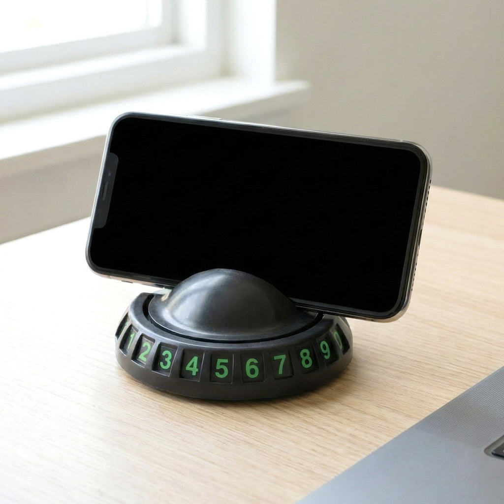 Close-up view of car dashboard mobile holder with anti-slip base and parking number display