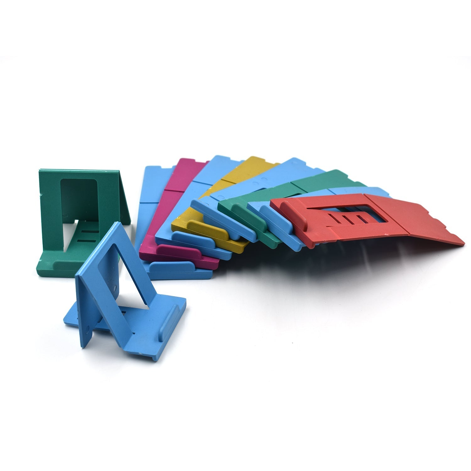 Versatile 10-pack of portable phone holders for various settings.