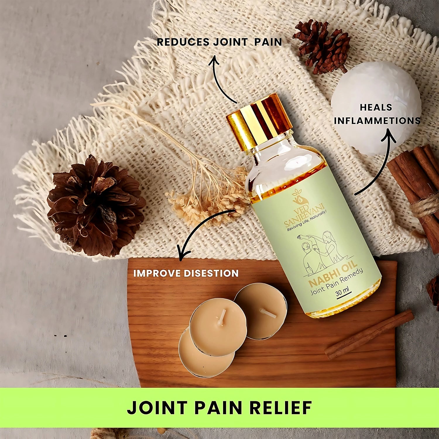 Natural joint pain relief oil from Ved Sanjeevani in glass bottle