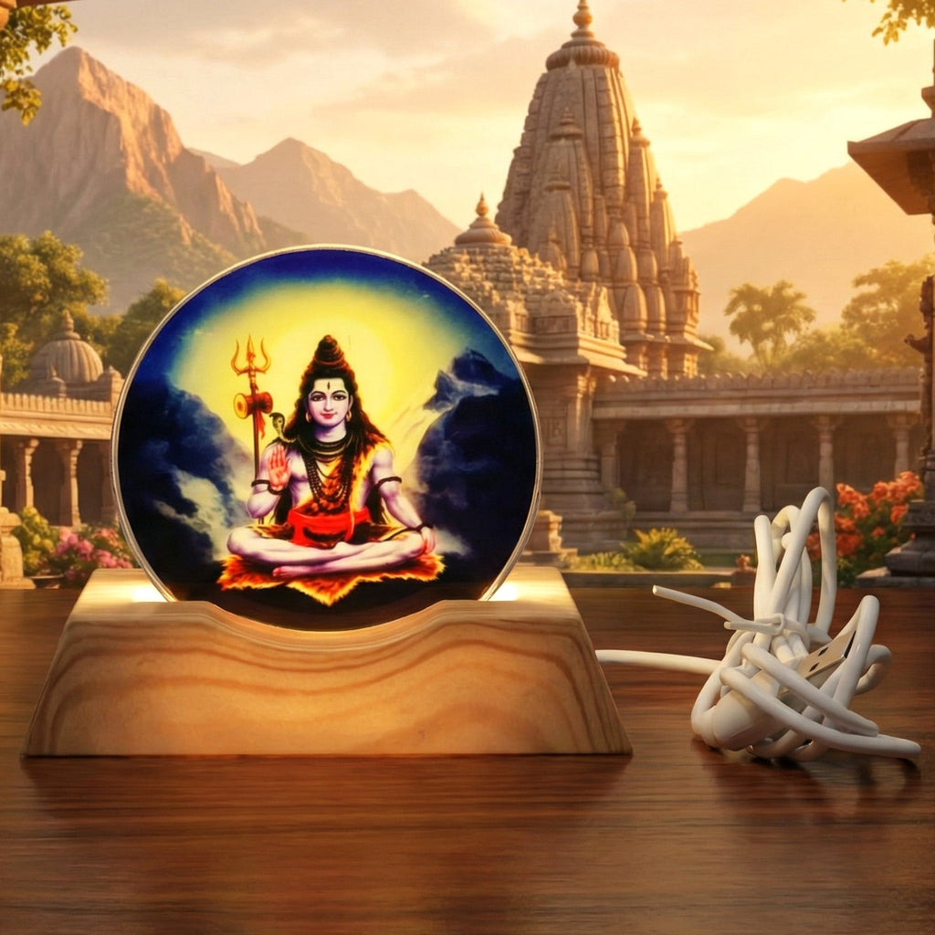 3D Lord Shiva LED night lamp with wooden base glowing softly