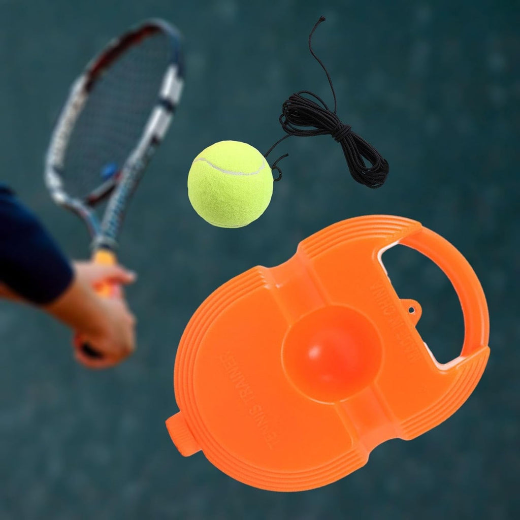 Components of the Tennis Rebound Trainer set including base, ball, and string.