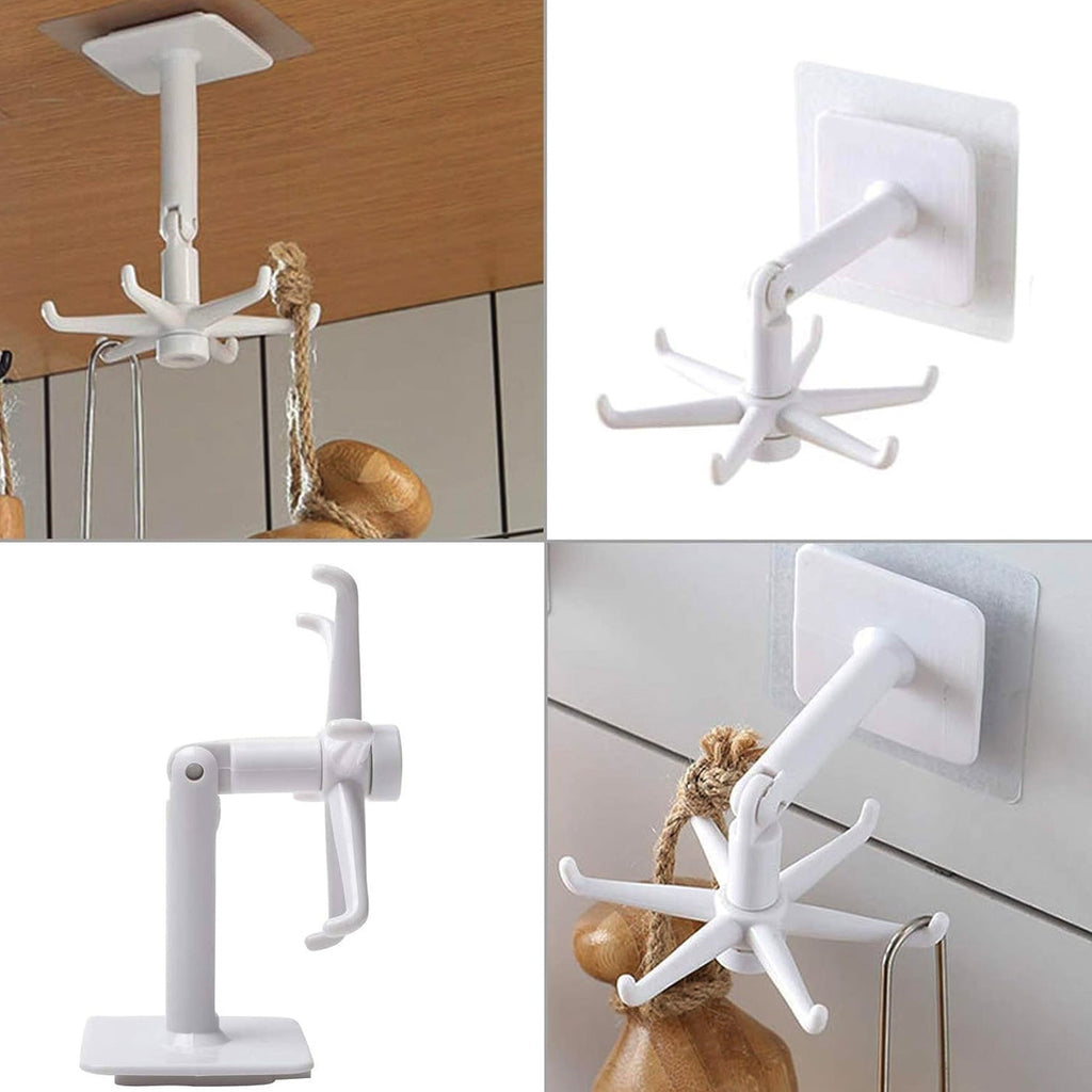 Self-adhesive hook folded vertically under a kitchen cabinet, saving space.