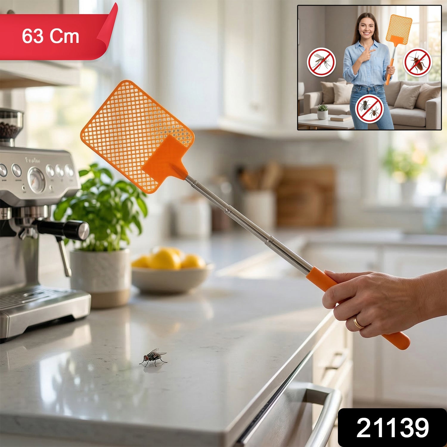 Extendable handle fly swatter for high reach insect removal
