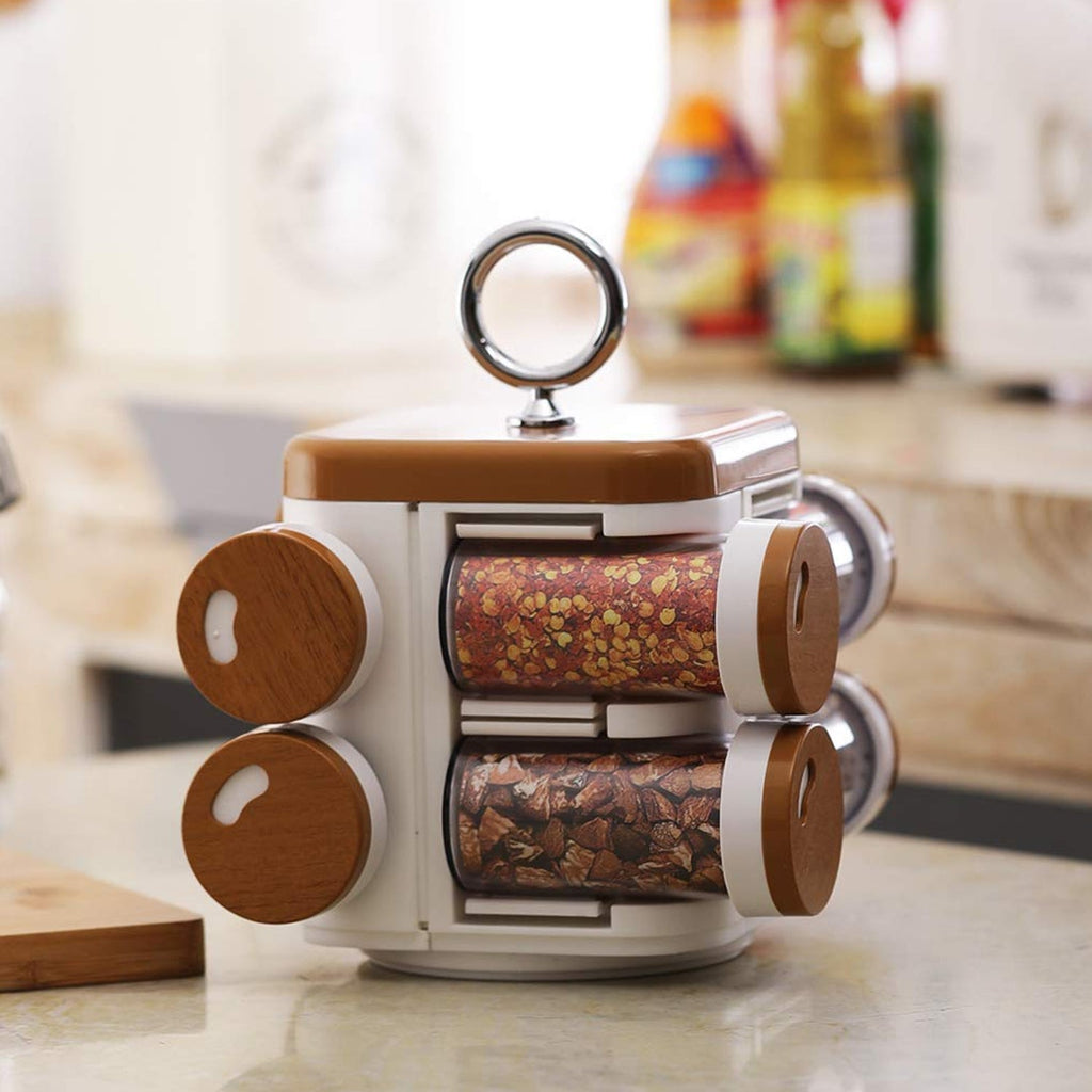 Ganesh Storewell plastic spice rack with 8 organized jars, featuring a revolving base.