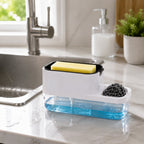 Hand pressing pump of dish soap dispenser releasing liquid soap
