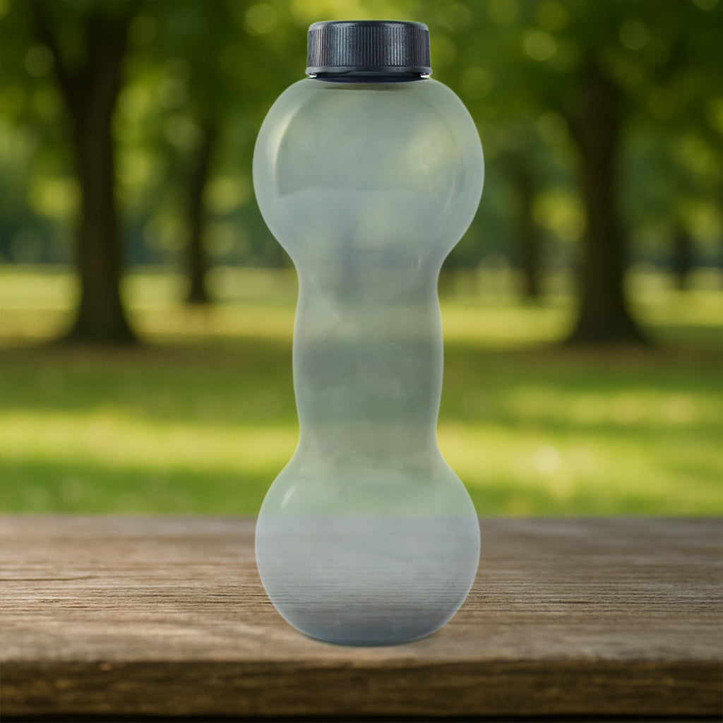 Side view of the black dumbbell water bottle, showcasing its ergonomic design.