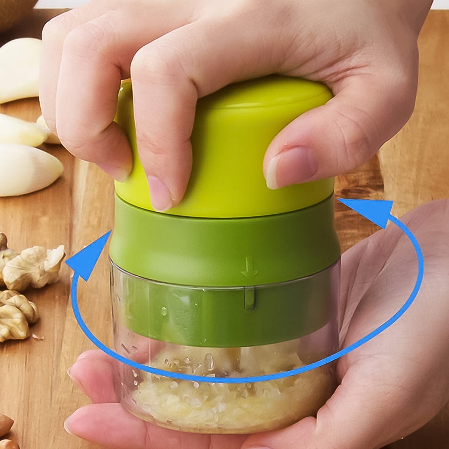 Sharp stainless steel blades and built-in storage compartment of the dry fruit cutter.