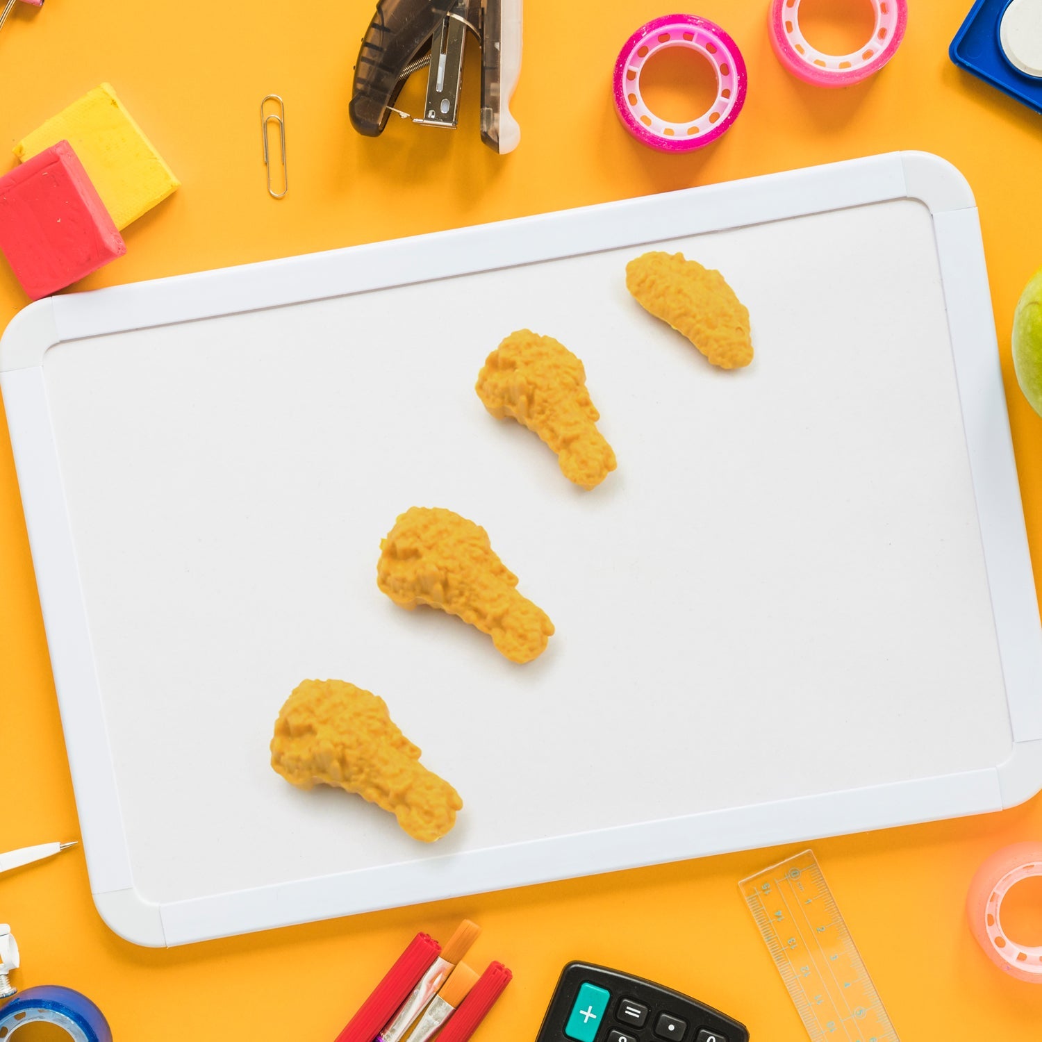 Another view of the chicken erasers in their retail packaging, highlighting their readiness as a gift.