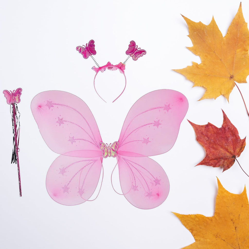 Front view of the multi-color butterfly wings costume set for young girls.
