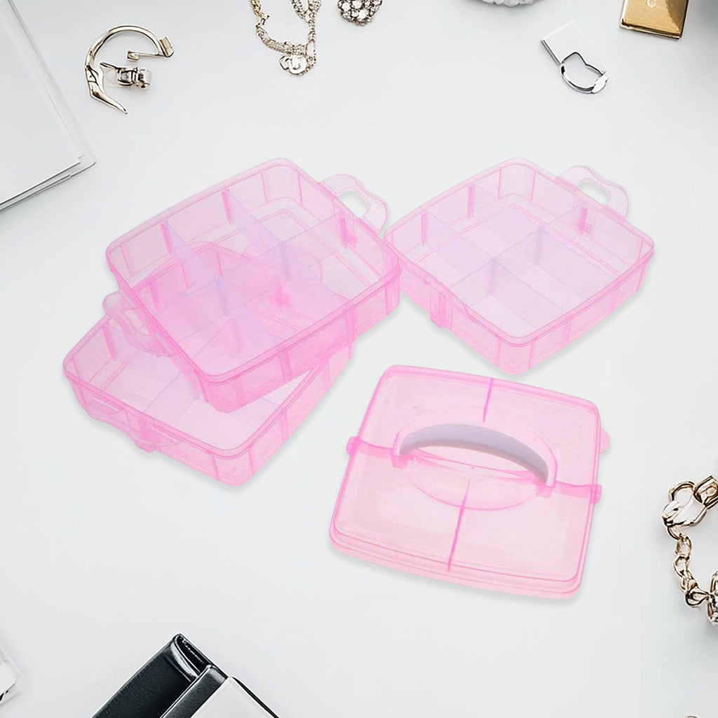 Plastic organizer box open with various craft supplies and jewelry items.