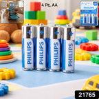 Four AA size alkaline batteries suitable for household electronics
