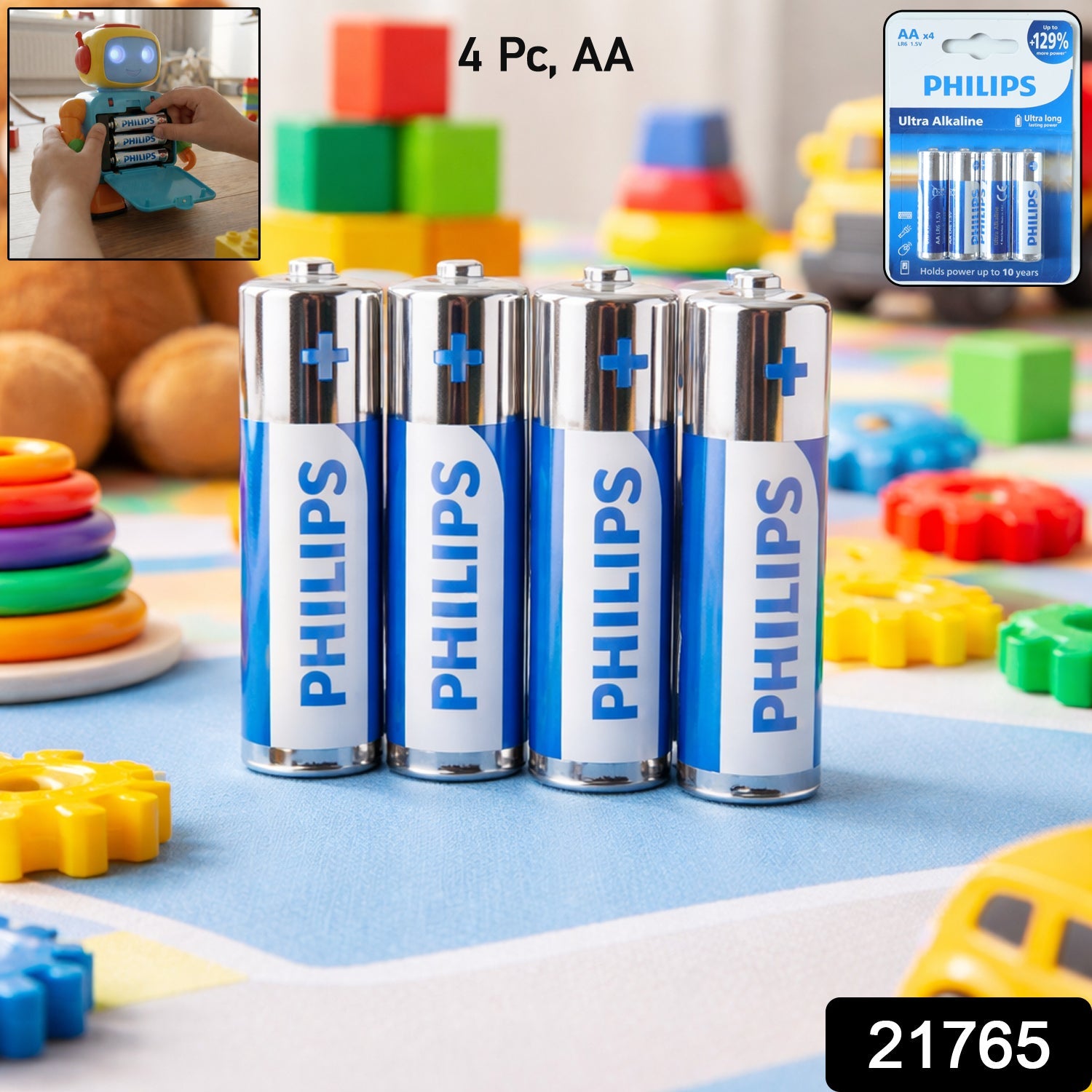 Four AA size alkaline batteries suitable for household electronics