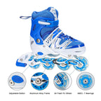 Close-up of LED inline skates showing flashing wheels.