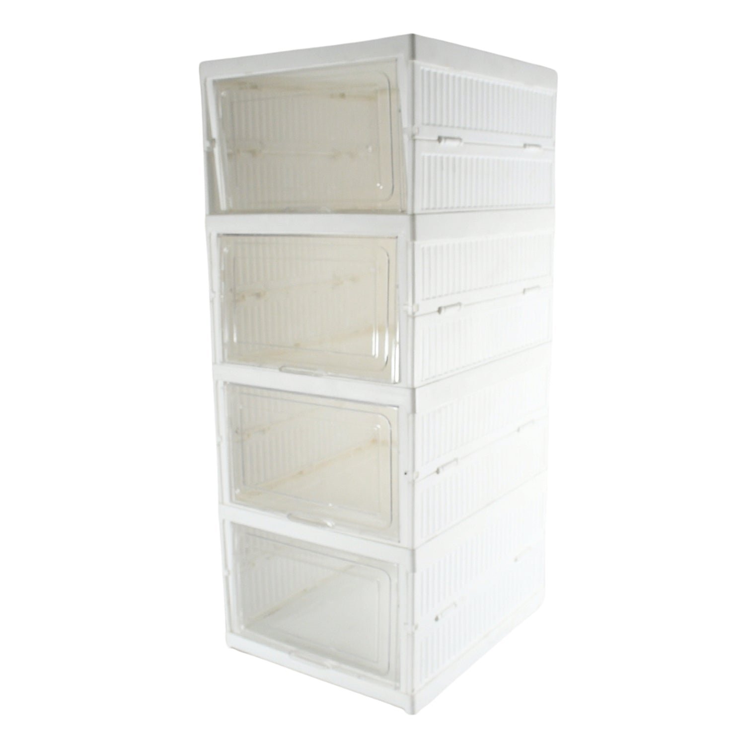 Organivo stackable storage rack in a living space, holding books and decorative items.