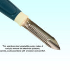 Close-up of long vegetable slice made with Apex serrated blade peeler
