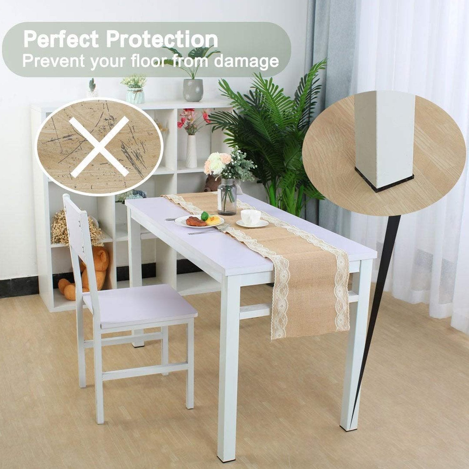 Furniture leg with a square felt pad preventing floor scratches and scuffs.