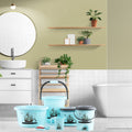 Plastic bathroom accessories set with bucket, mug, stool, and soap case in mixed colors