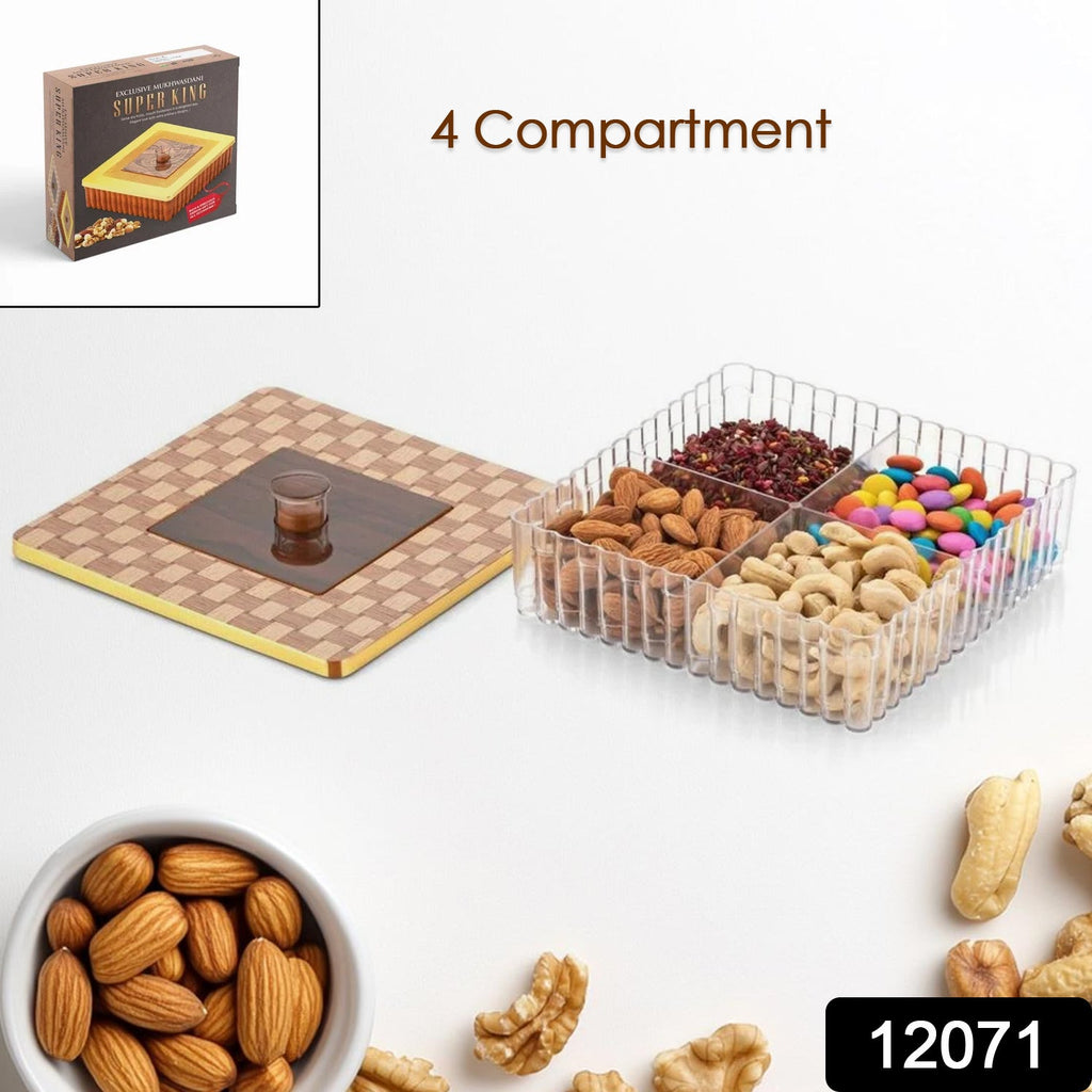 Top-down view of the clear plastic 4 compartment dry fruit box with lid.