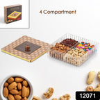 Top-down view of the clear plastic 4 compartment dry fruit box with lid.
