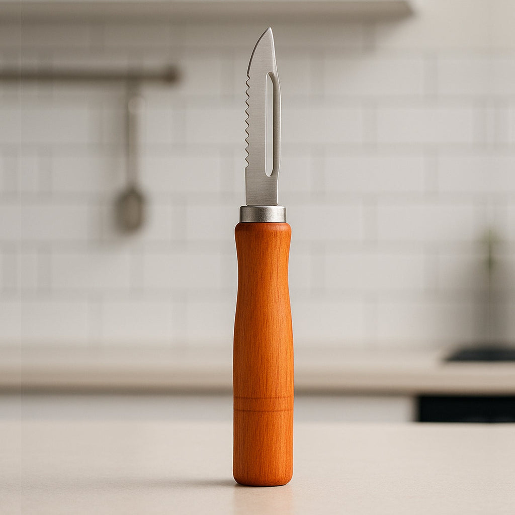 Quickslice wooden handle stainless steel vegetable peeler on a clean white background.