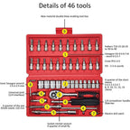 Close-up of the ratchet wrench and socket features in the red tool kit