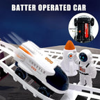 The battery-operated space shuttle car speeding along the race track.