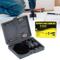 An 18-piece carbon steel Hole Saw Kit with various sizes and mandrels displayed in its organized storage case.