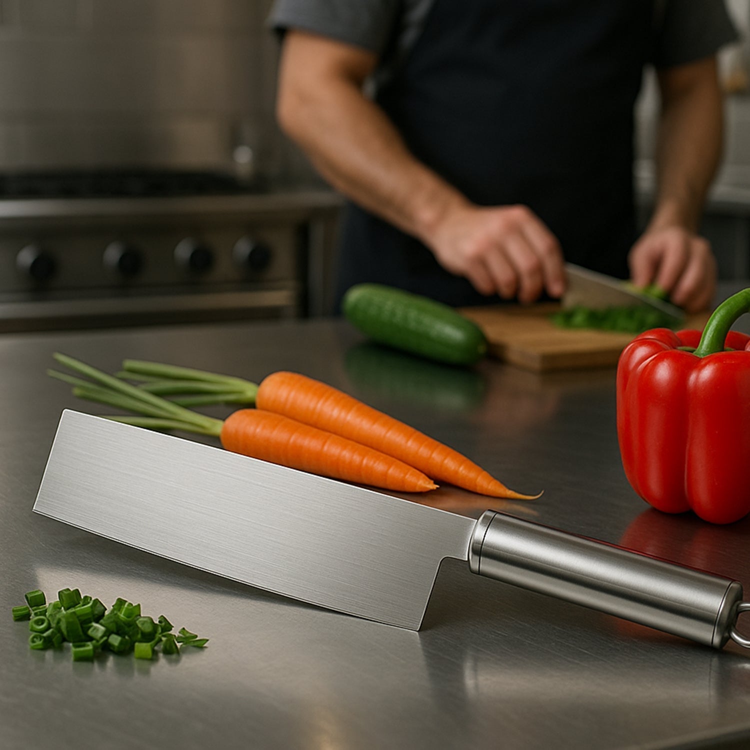 Vegetable cleaver knife displayed with measurement scale for size reference