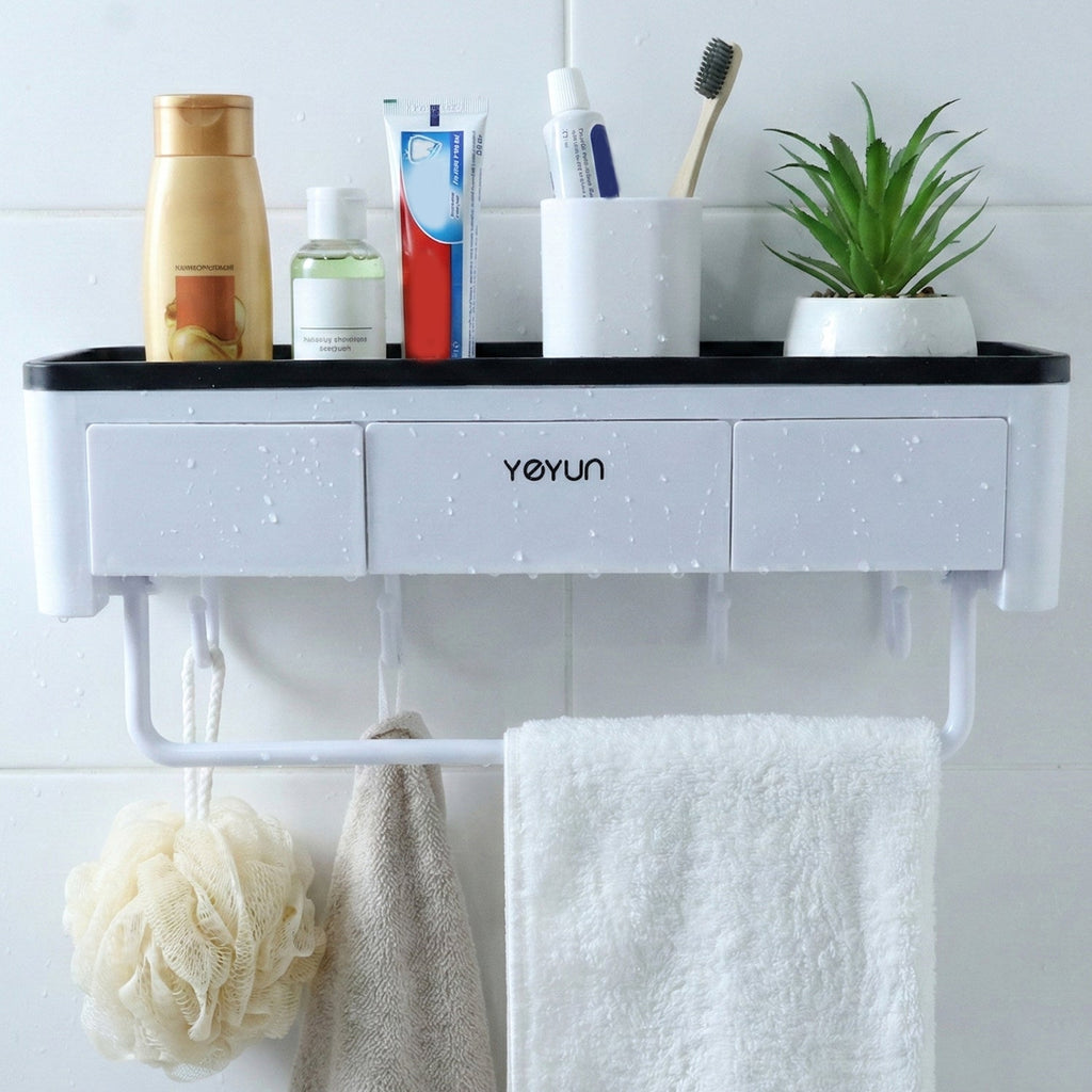 Multifunctional bathroom shelf with towel holder and hooks