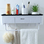 Multifunctional bathroom shelf with towel holder and hooks