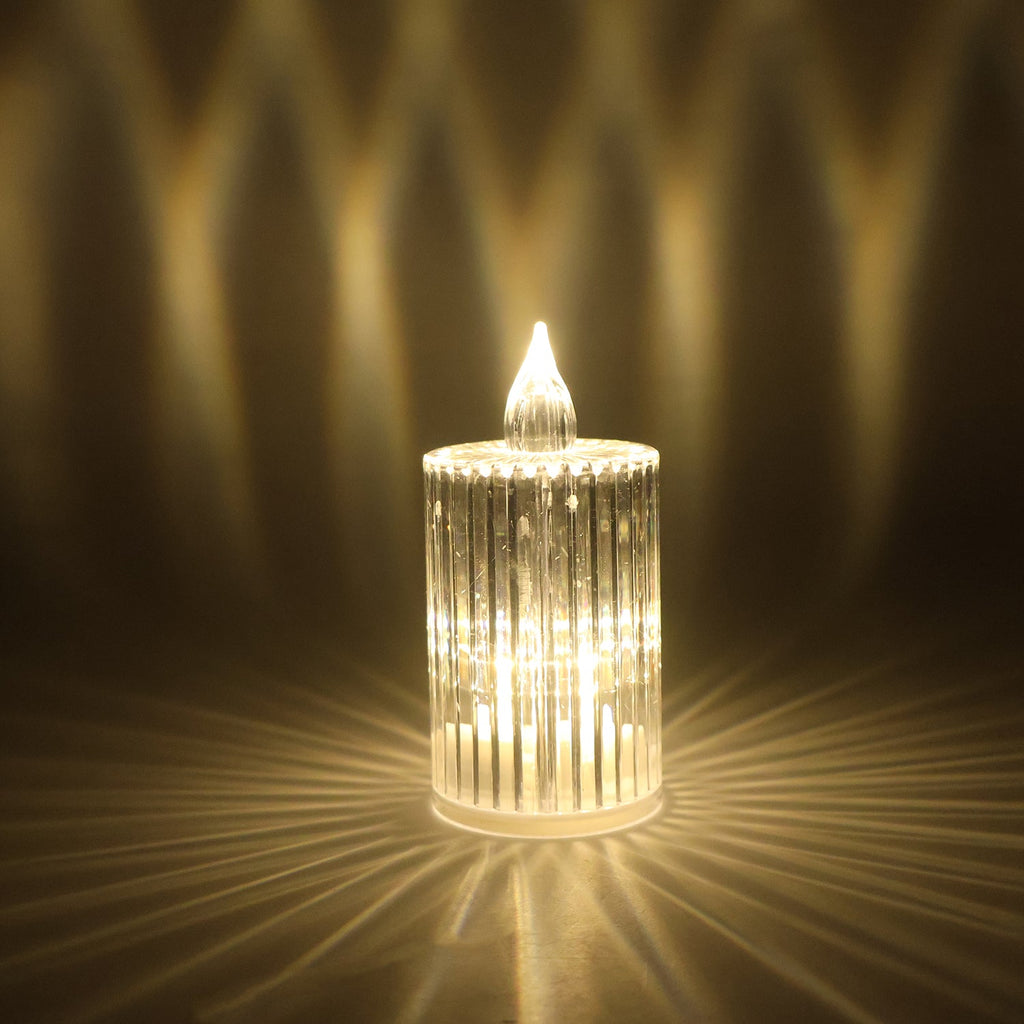 LED flameless decorative candle with crystal pattern lit showing realistic flicker effect