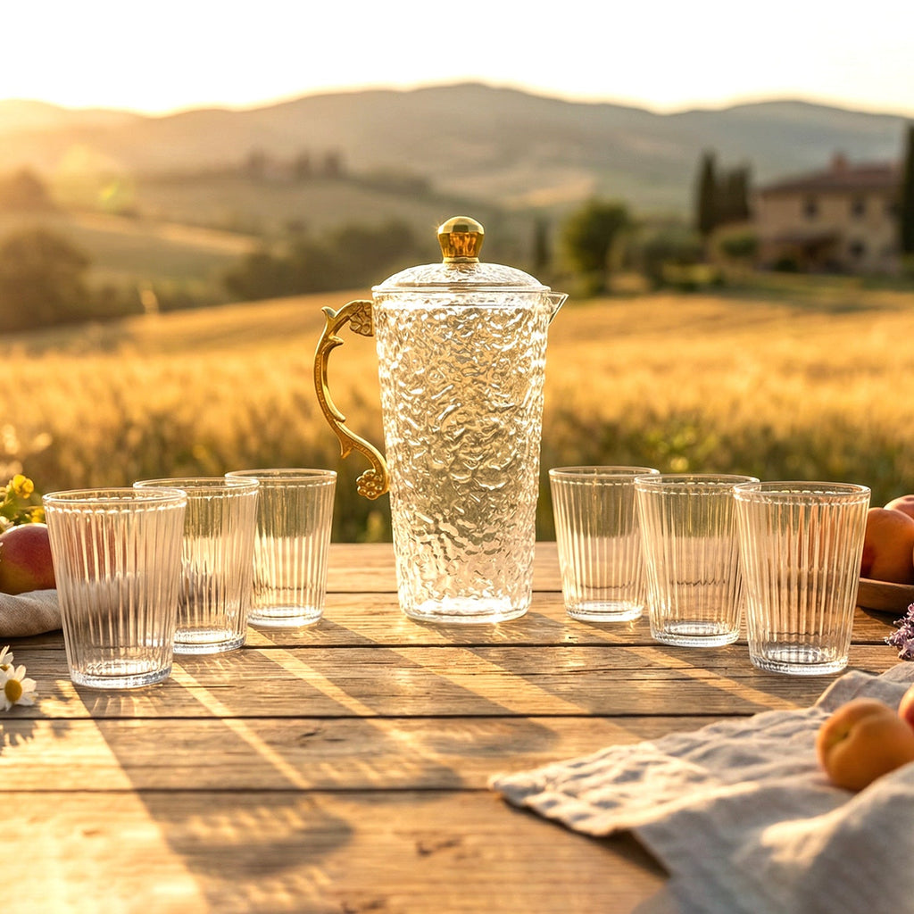 Set of tumblers matching the textured glass water jug for serving beverages