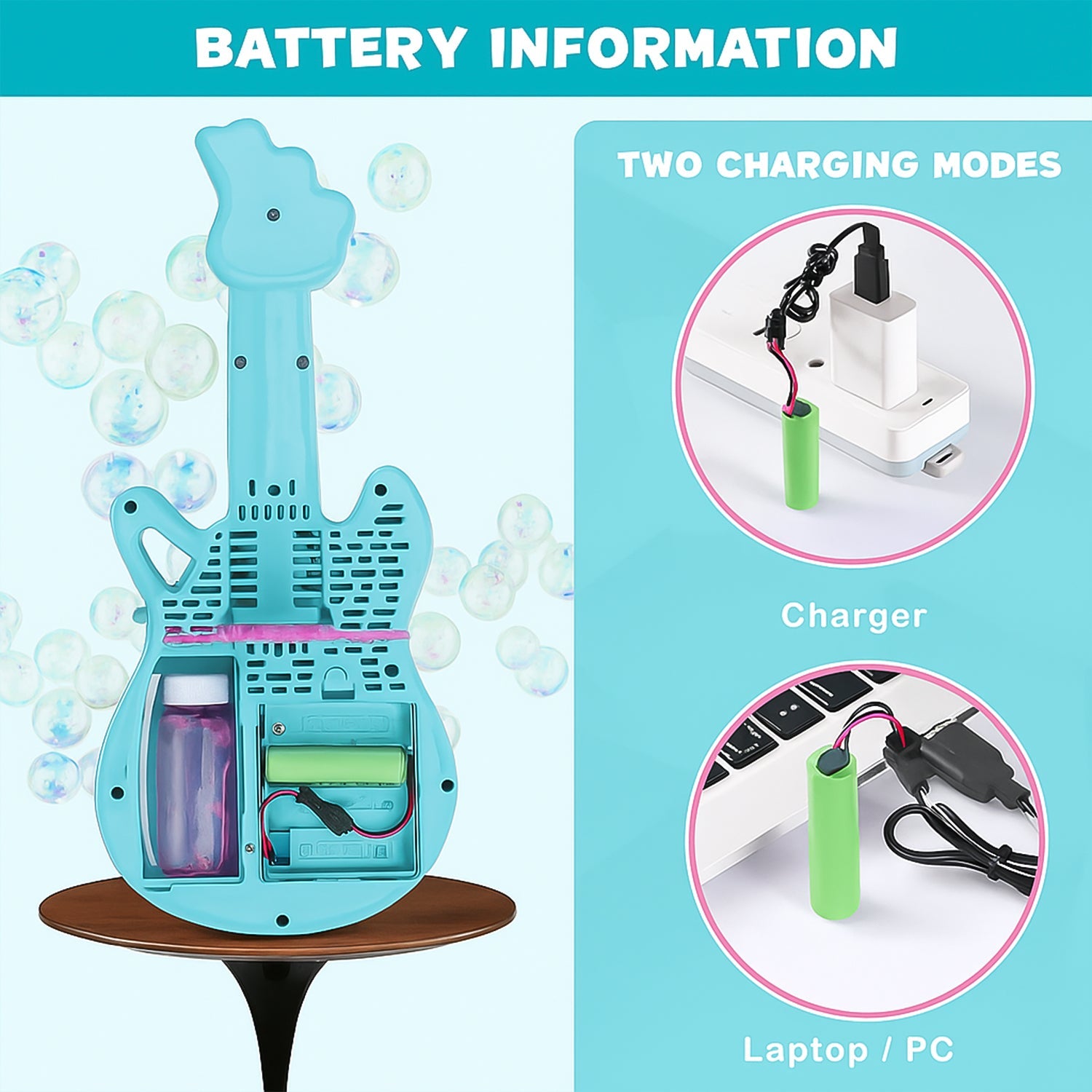 Side view of electric guitar bubble machine designed for kids