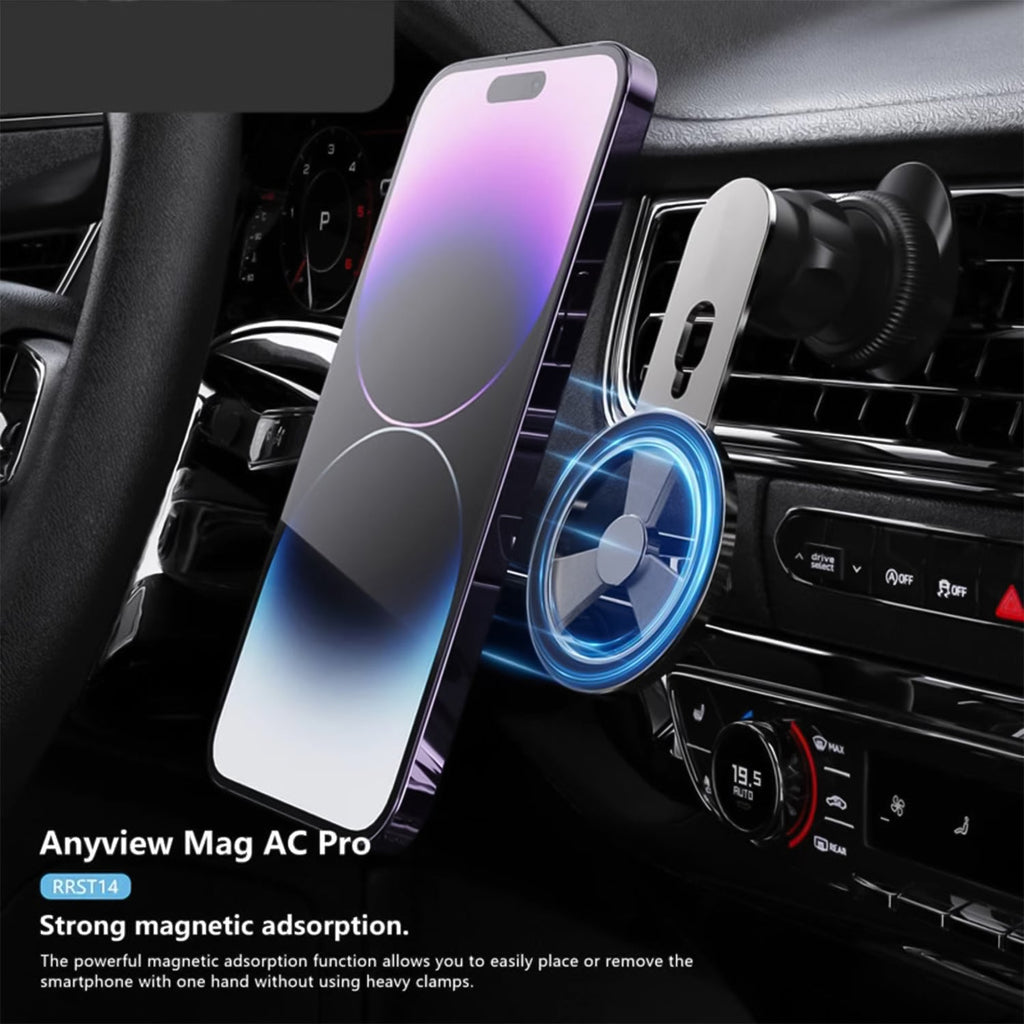 Magnetic phone holder attached to a car air vent, ready for smartphone placement.