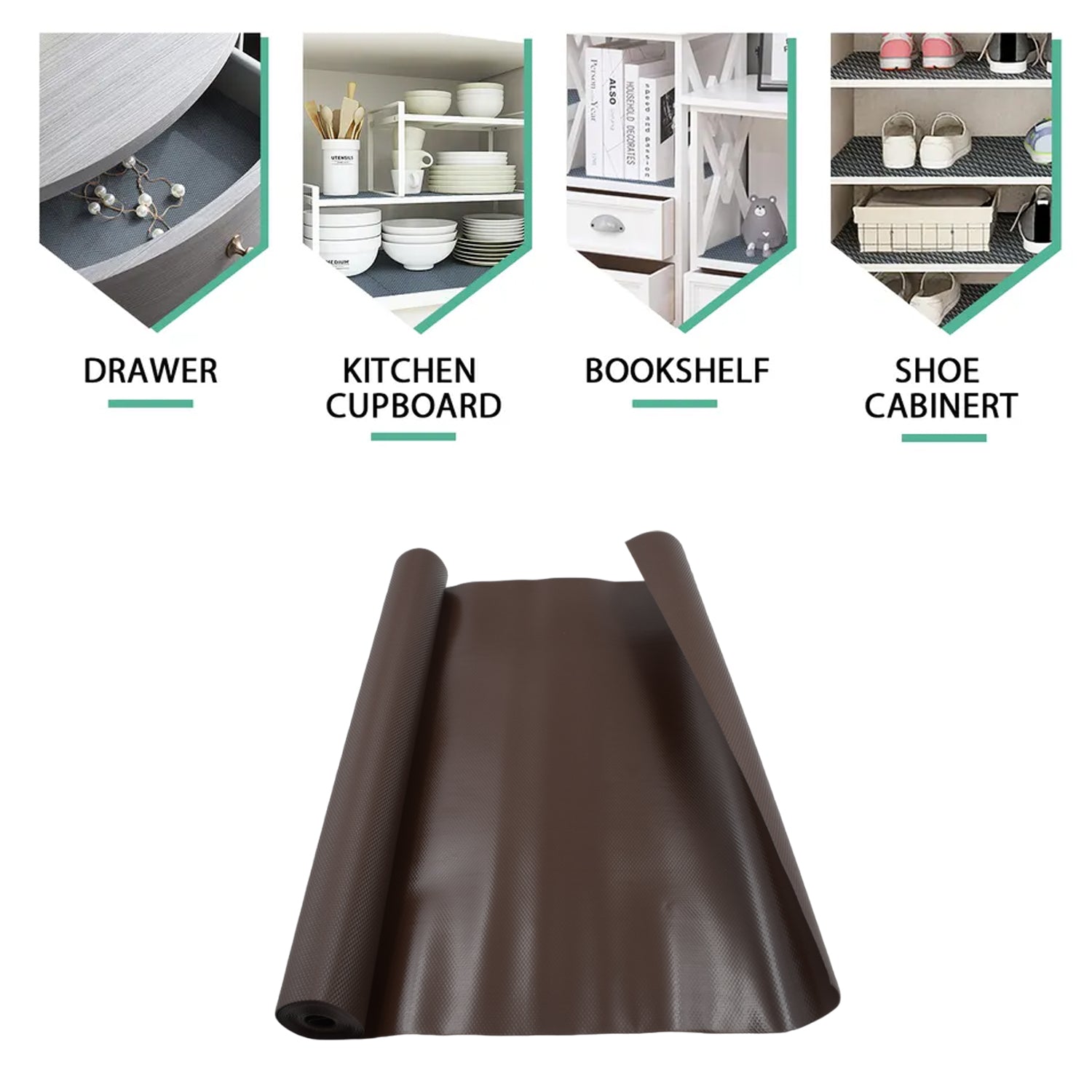 Anti-slip mat liner roll, white, displayed on a kitchen shelf.