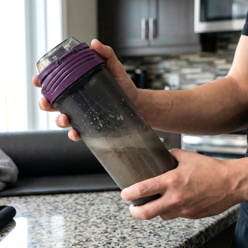 Protein shaker bottle featuring a screw-on cap for secure closure