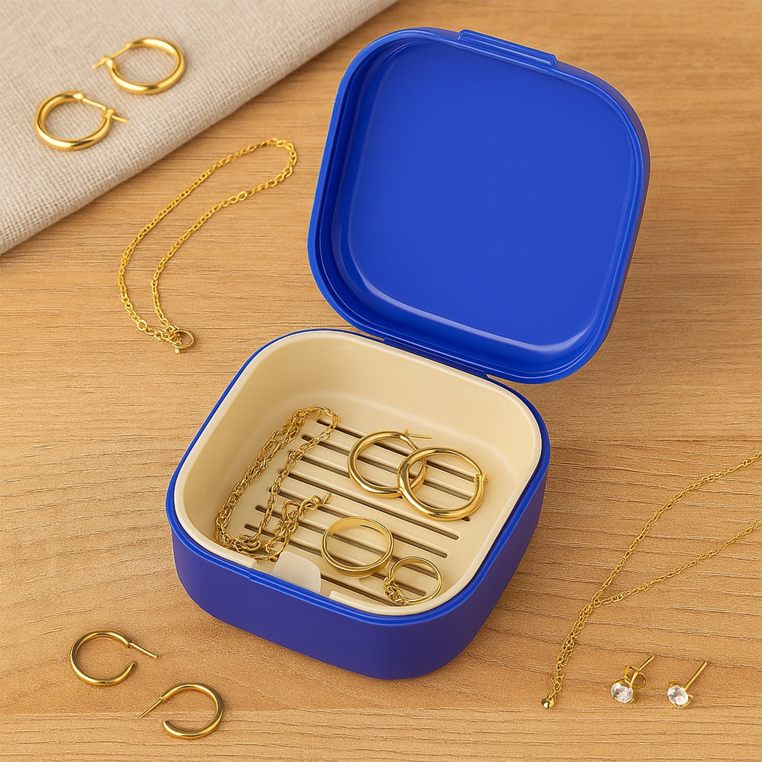 Compact blue utility storage box with secure snap-lock lid