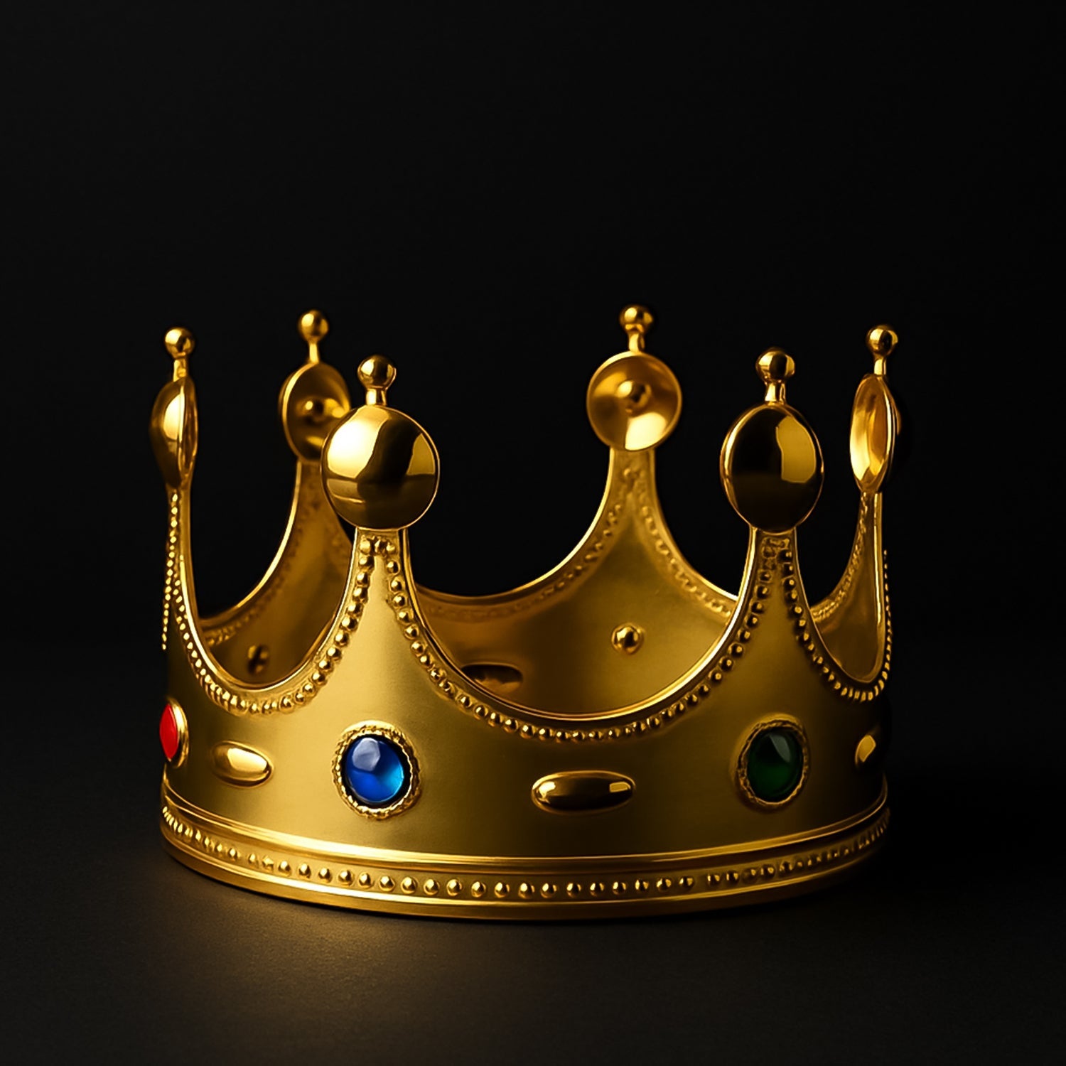 Golden royal crown decorative headpiece with multi-colored gems