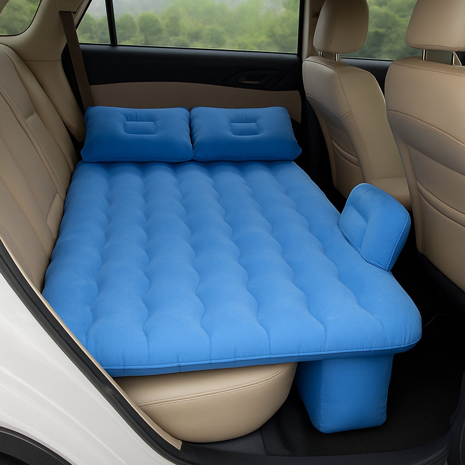 Inflatable car backseat air mattress bed showing full layout with pump and pillows