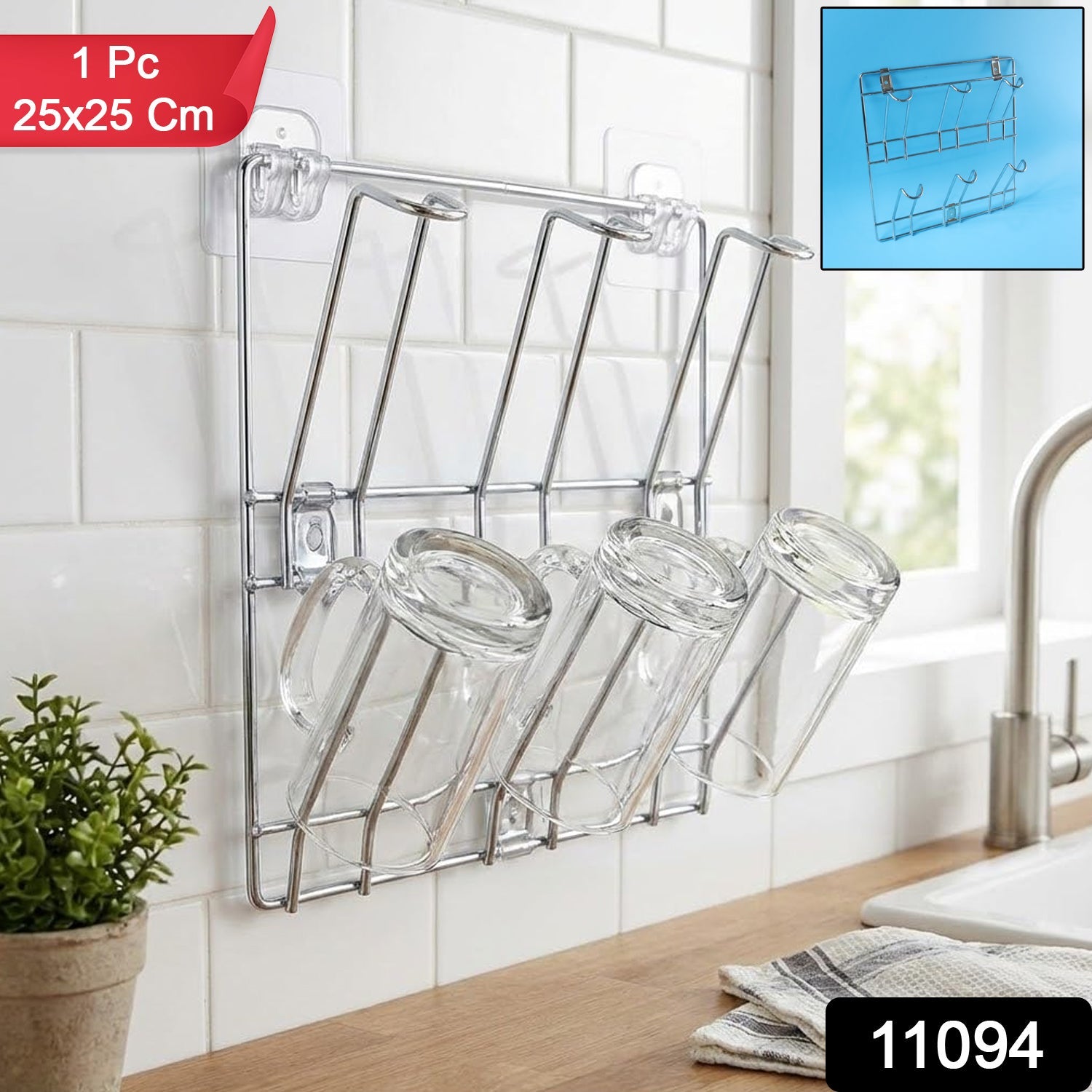 Wall-mounted cup drying rack promoting quick drying in kitchen