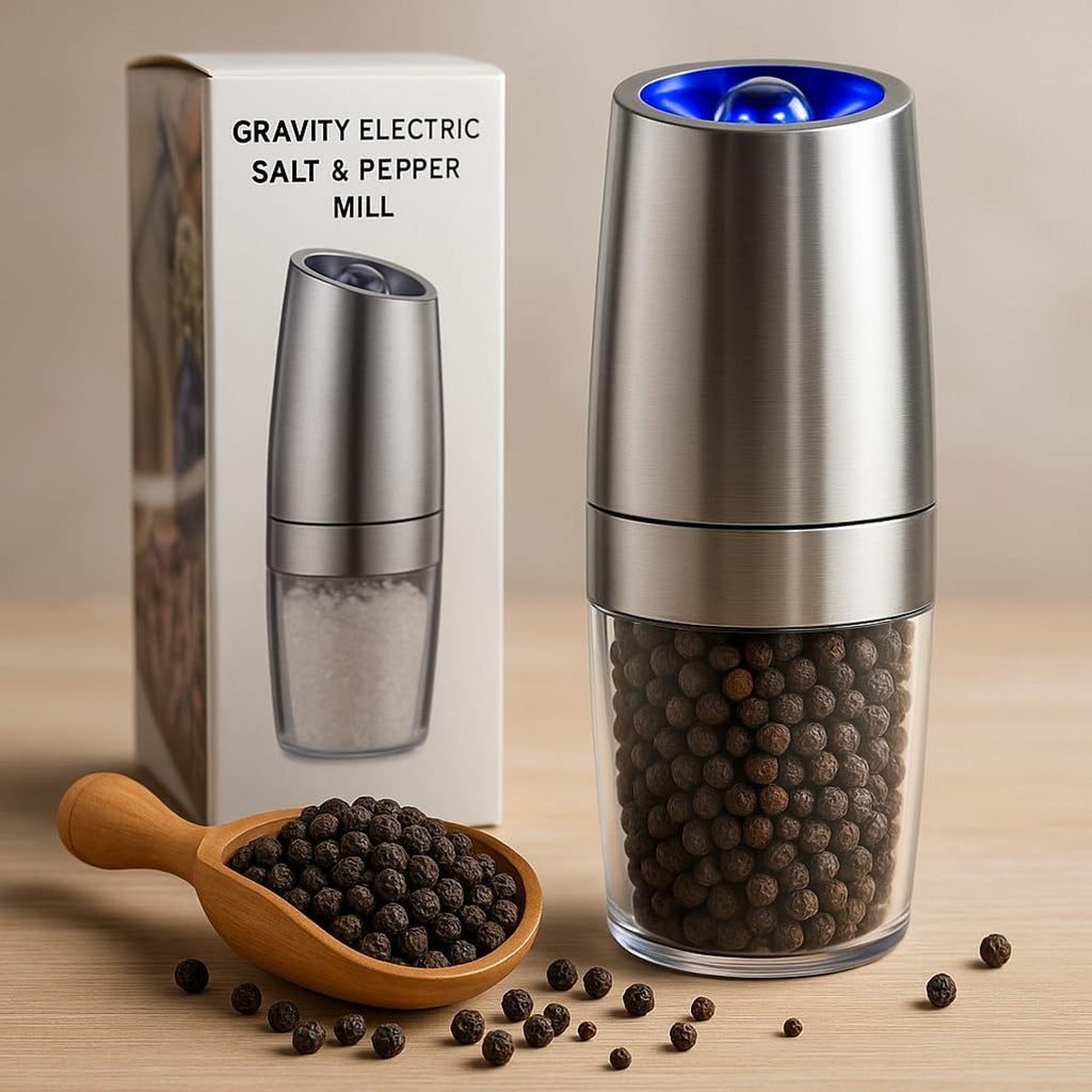 Automatic gravity salt and pepper grinder with stainless steel body and clear spice container