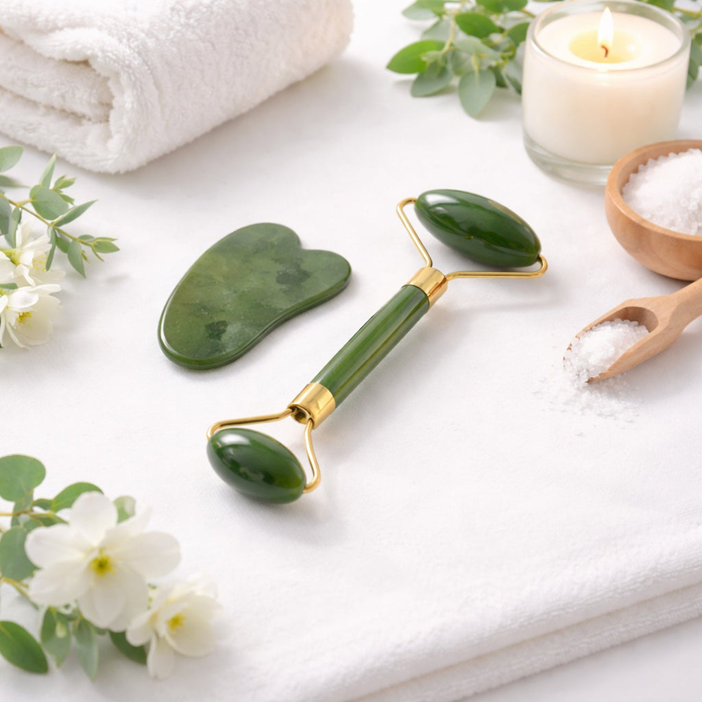 Jade face roller for gentle facial massage and skin care