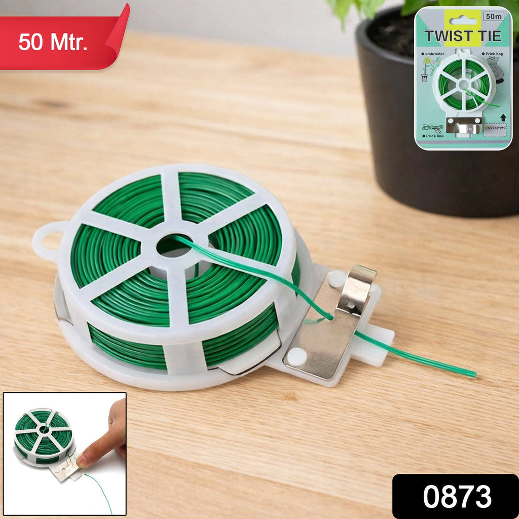 Flexible green twist tie roll with built-in cutter for home organization