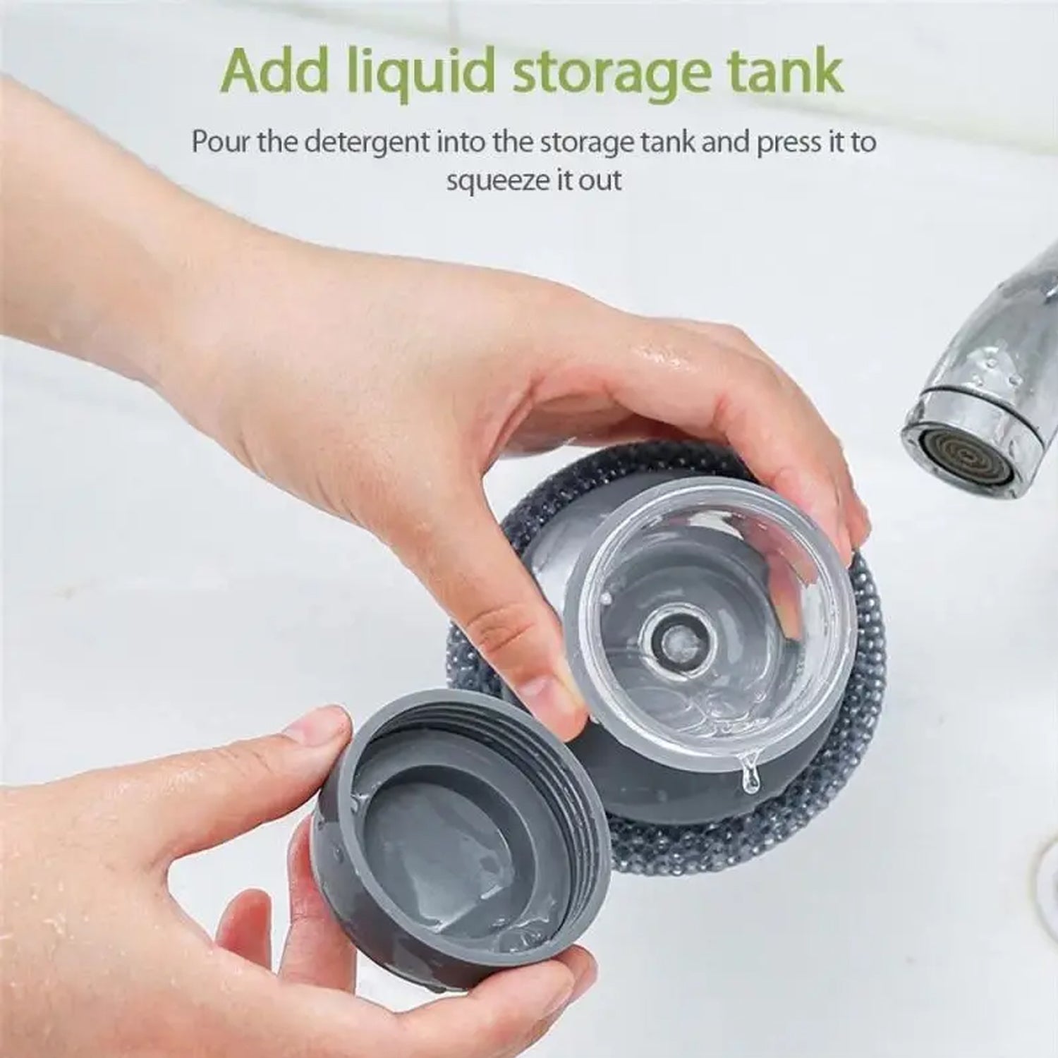 The Soap Dispensing Dish Brush in action, making quick kitchen clean-ups effortless.