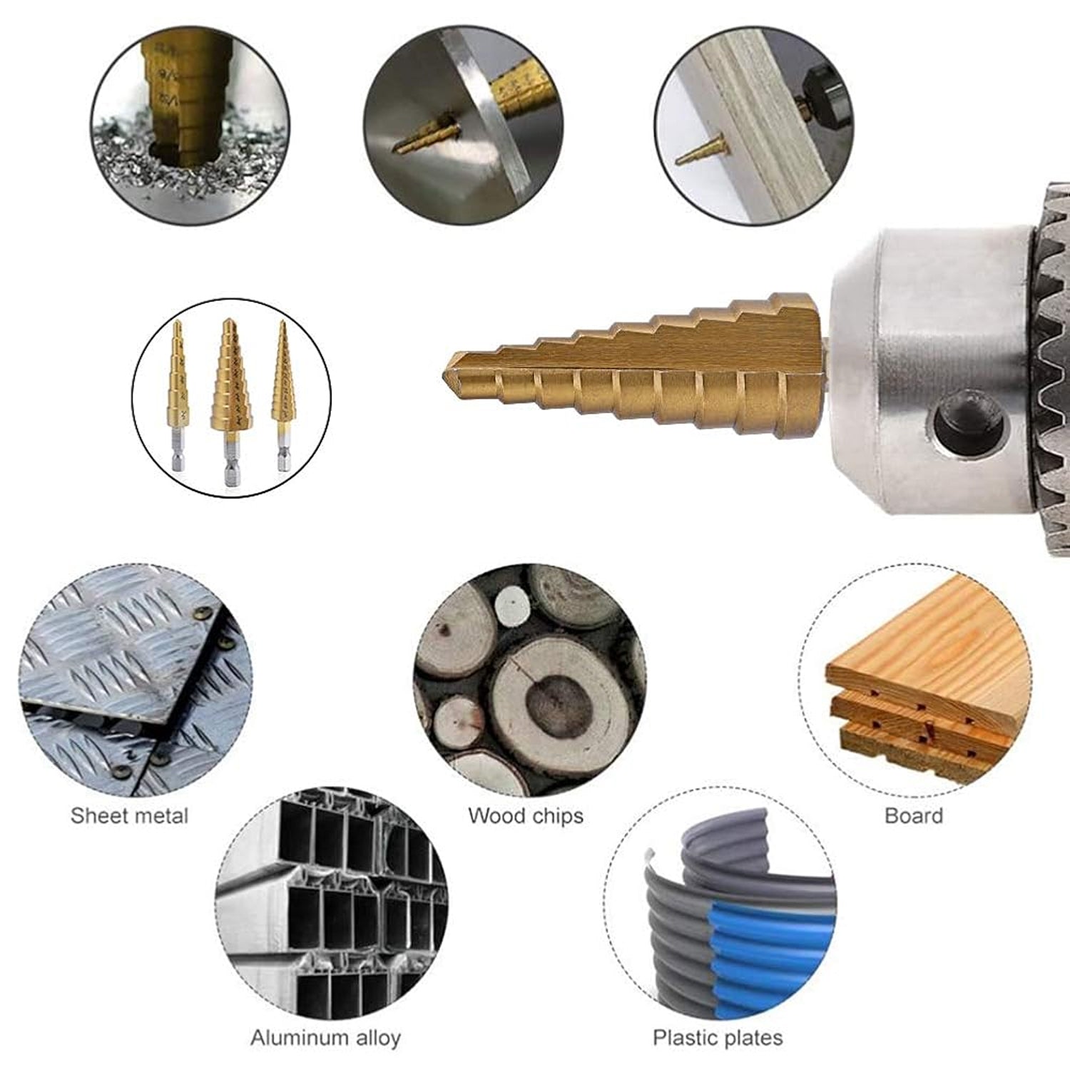 View of the HSS steel step drill bits showing the different sizes from 4mm to 32mm.