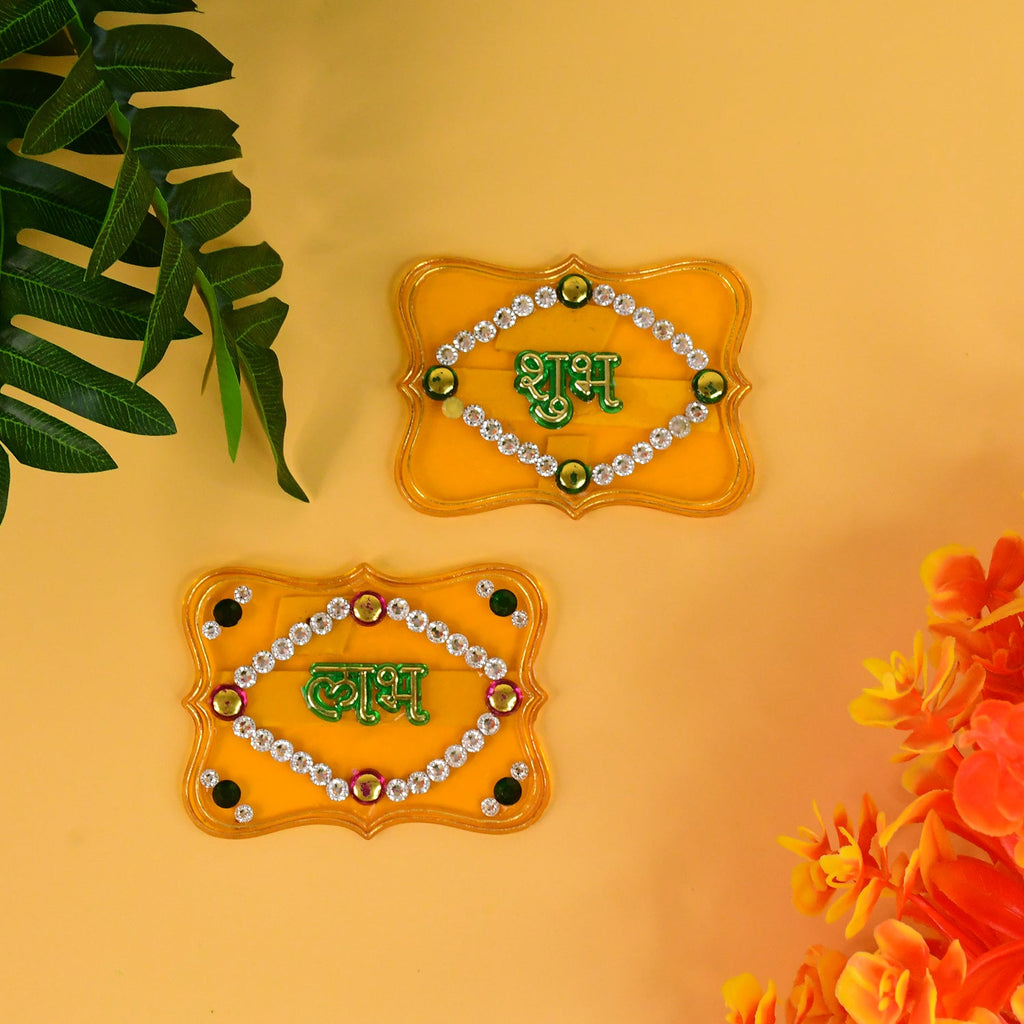 Set of two Shubh Labh wall hangings in vibrant colors for spiritual decor